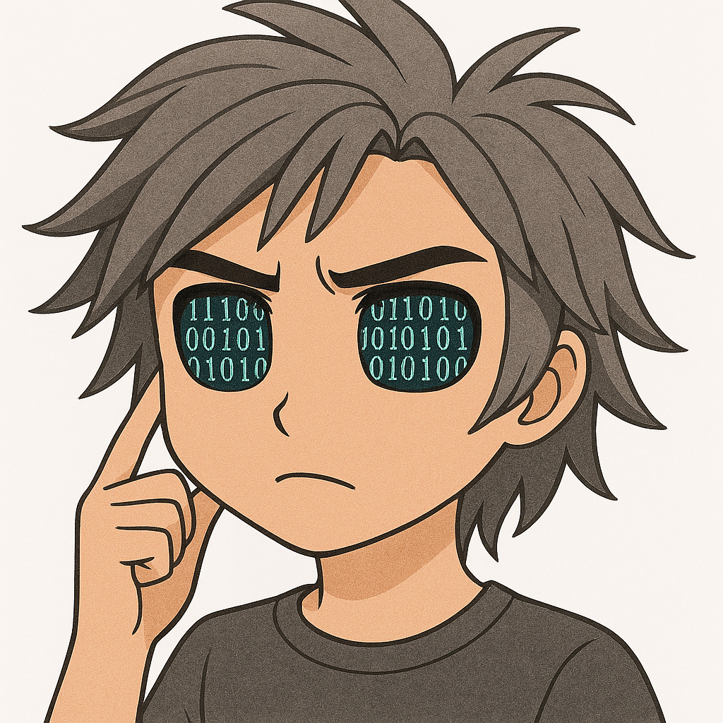 Anime character with gray hair, eyes filled with ones and zeroes like he's troubleshooting something.