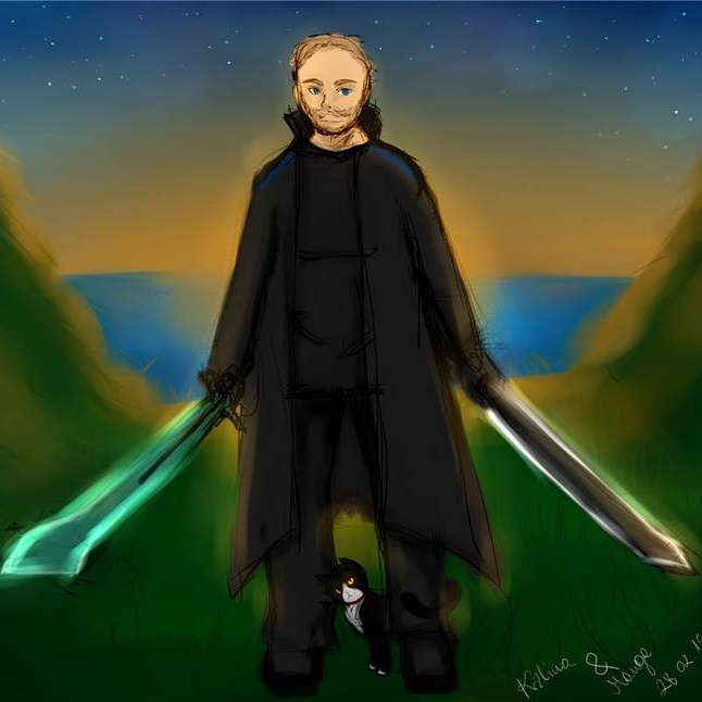 Thomaseron as an Anime-like character, dual-wielding swords inspired by Sword art online. His cat sits below him, head slightly tilted to one side.